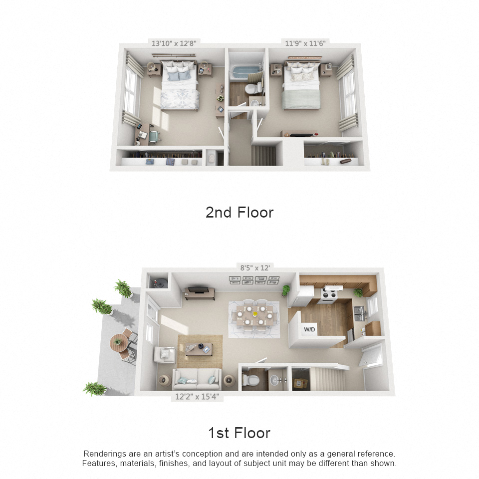 Floor plan for 2 beds, 1.5 baths, 900 sqft